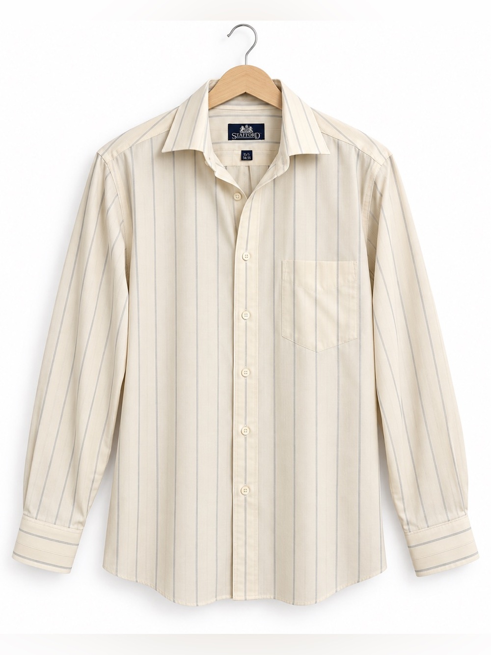 Stafford Men’s Dress Shirt 15.5 34/35 Cream Blue Stripe Long Sleeve Classic Fit